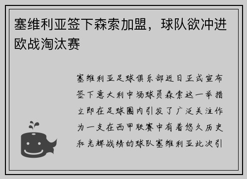 塞维利亚签下森索加盟，球队欲冲进欧战淘汰赛