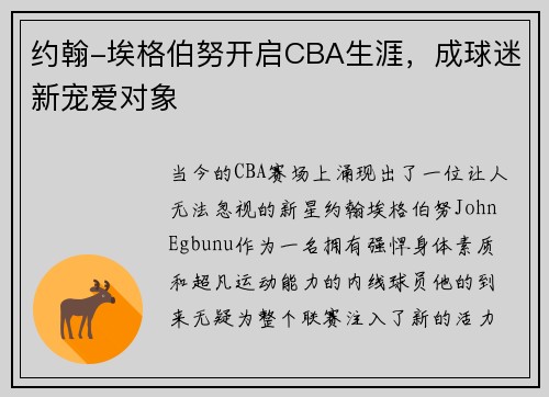 约翰-埃格伯努开启CBA生涯，成球迷新宠爱对象